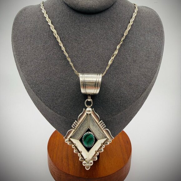 Jewelry - Sterling Malachite Pendant • Artist-Stamped “M L” • 2.75" • Pendant Only